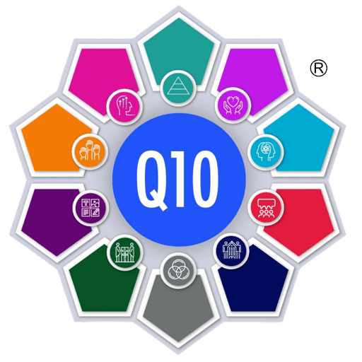 Q10 logo featuring a circular design with various colored hexagons